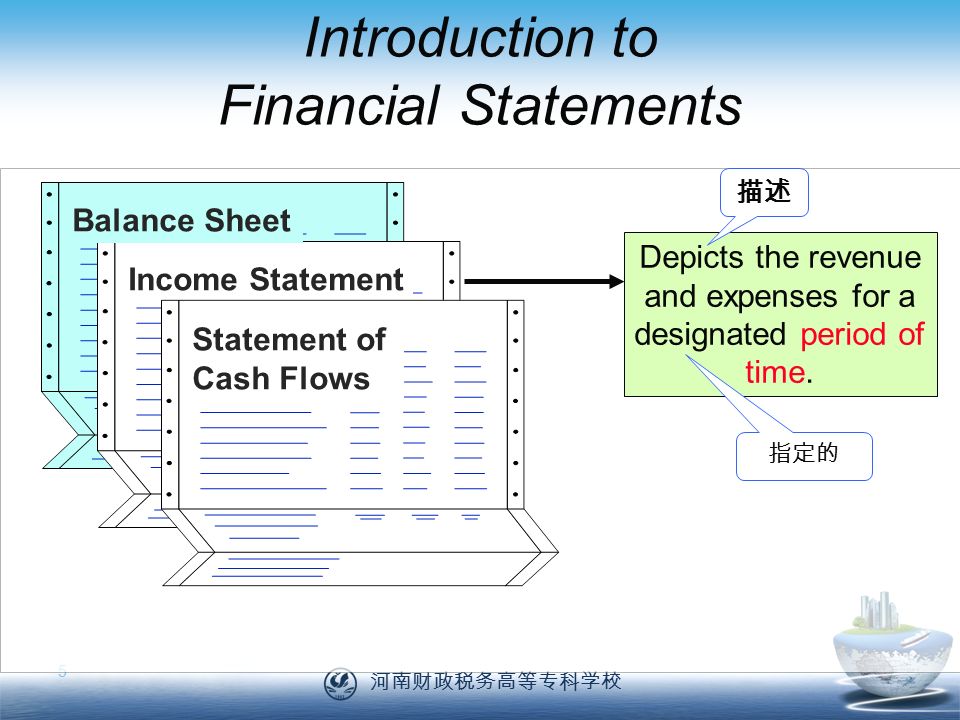 河南财政税务高等专科学校 5 Introduction to Financial Statements Depicts the revenue and expenses for a designated period of time.