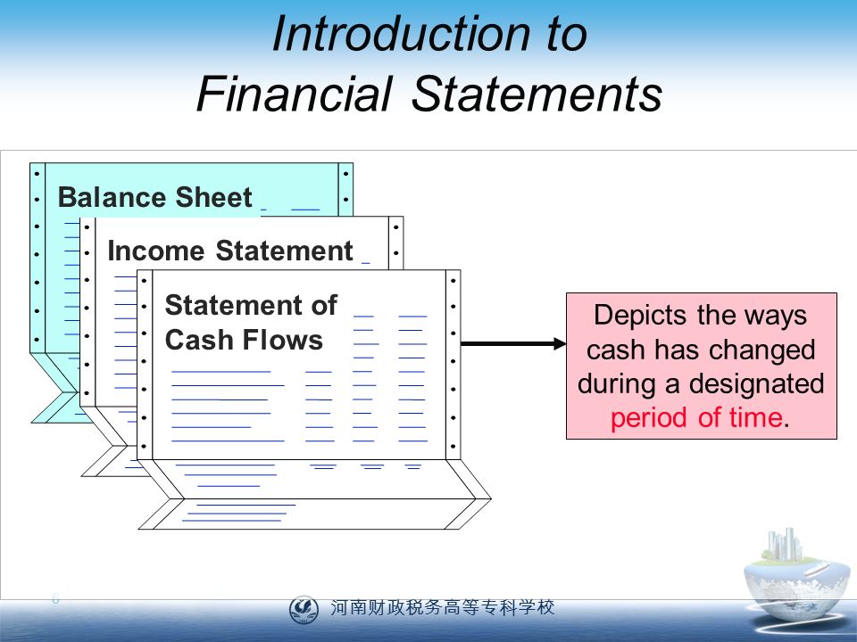 河南财政税务高等专科学校 6 Introduction to Financial Statements Depicts the ways cash has changed during a designated period of time.