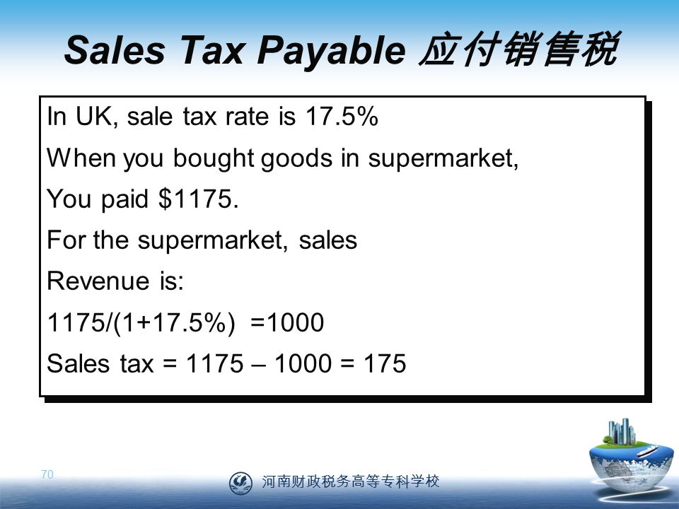 河南财政税务高等专科学校 70 In UK, sale tax rate is 17.5% When you bought goods in supermarket, You paid $1175.