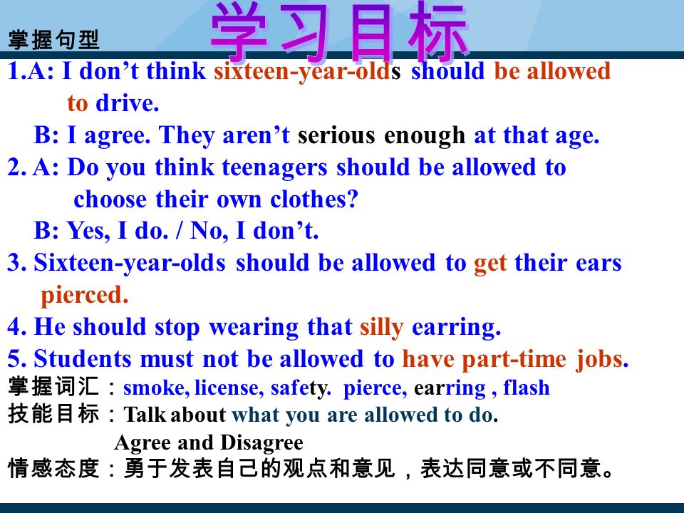 掌握句型 1.A: I don’t think sixteen-year-olds should be allowed to drive.