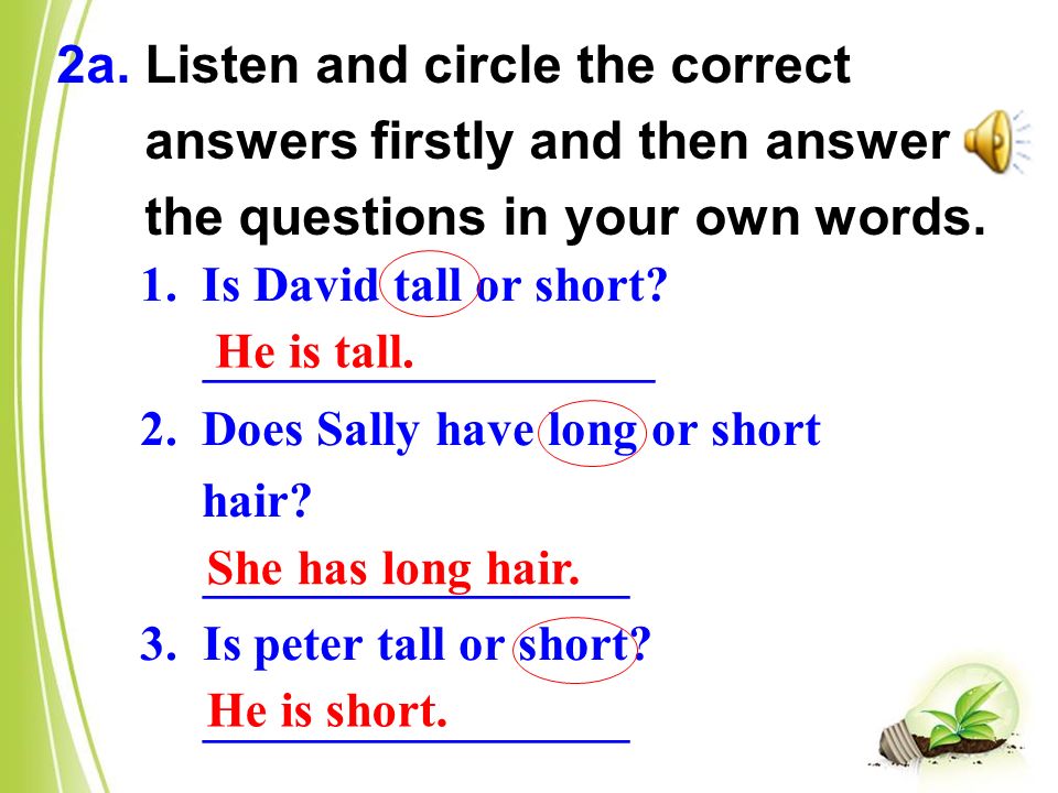 1.Is David tall or short. __________________ 2.Does Sally have long or short hair.