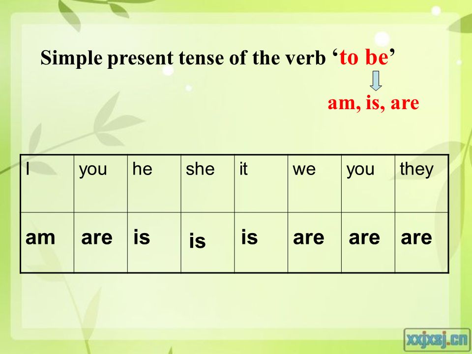 Simple present tense of the verb ‘to be’ am, is, are Iyouhesheitweyouthey are is am