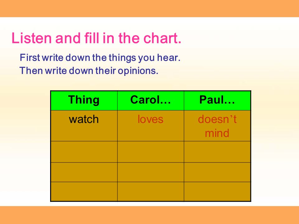 ThingCarol…Paul… watchlovesdoesn ’ t mind Listen and fill in the chart.