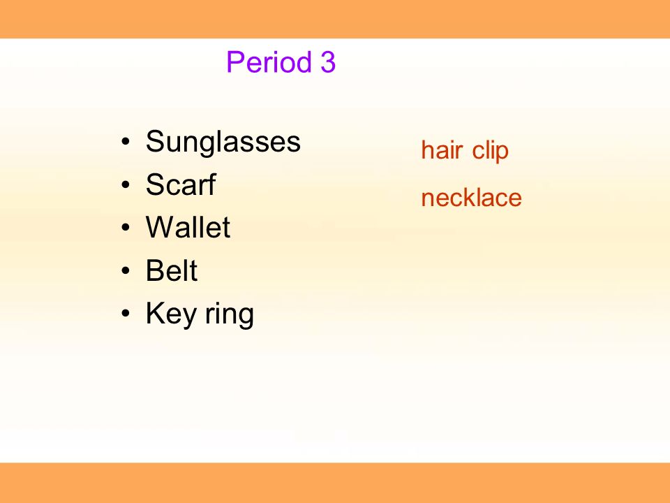 Sunglasses Scarf Wallet Belt Key ring hair clip necklace Period 3