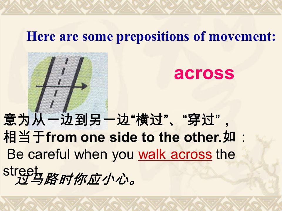 across Here are some prepositions of movement: 意为从一边到另一边 横过 、 穿过 ， 相当于 from one side to the other.
