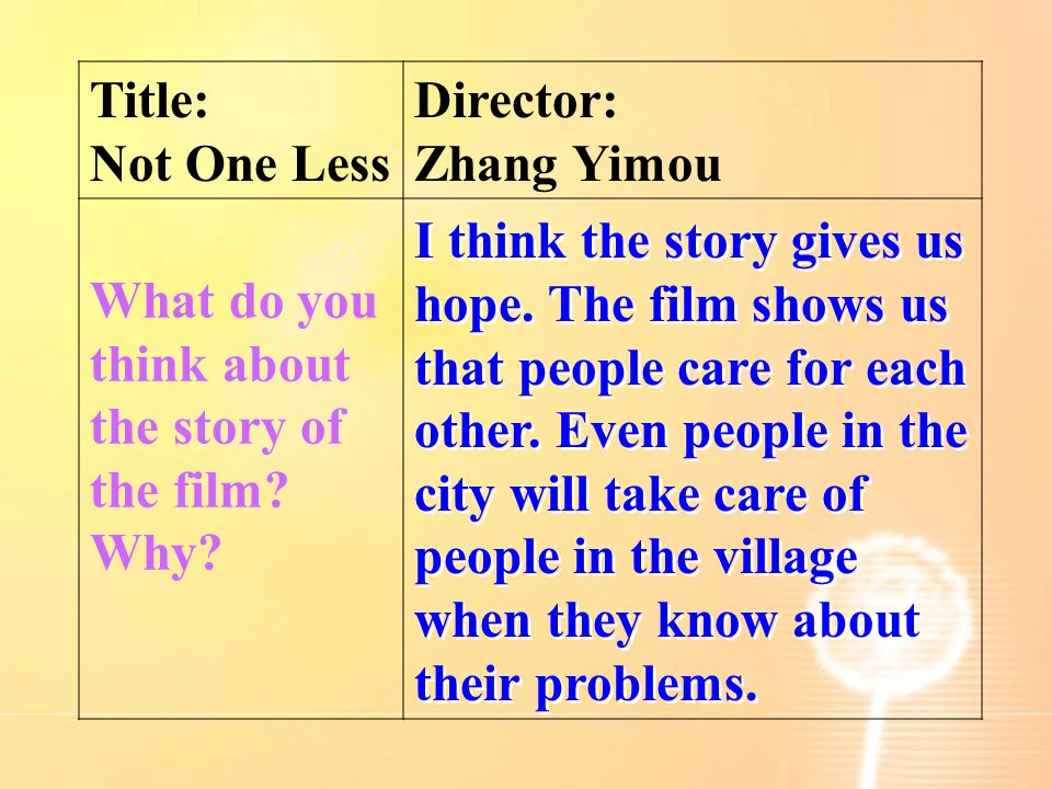 Title: Not One Less Director: Zhang Yimou What do you think about the story of the film.