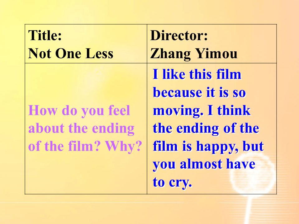Title: Not One Less Director: Zhang Yimou How do you feel about the ending of the film.