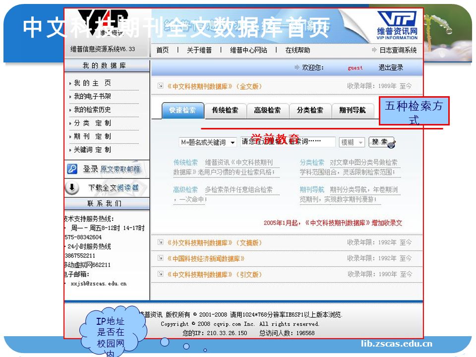 lib.zscas.edu.cn 中文科技期刊全文数据库首页 IP 地址 是否在 校园网 内 五种检索方 式 学前教育
