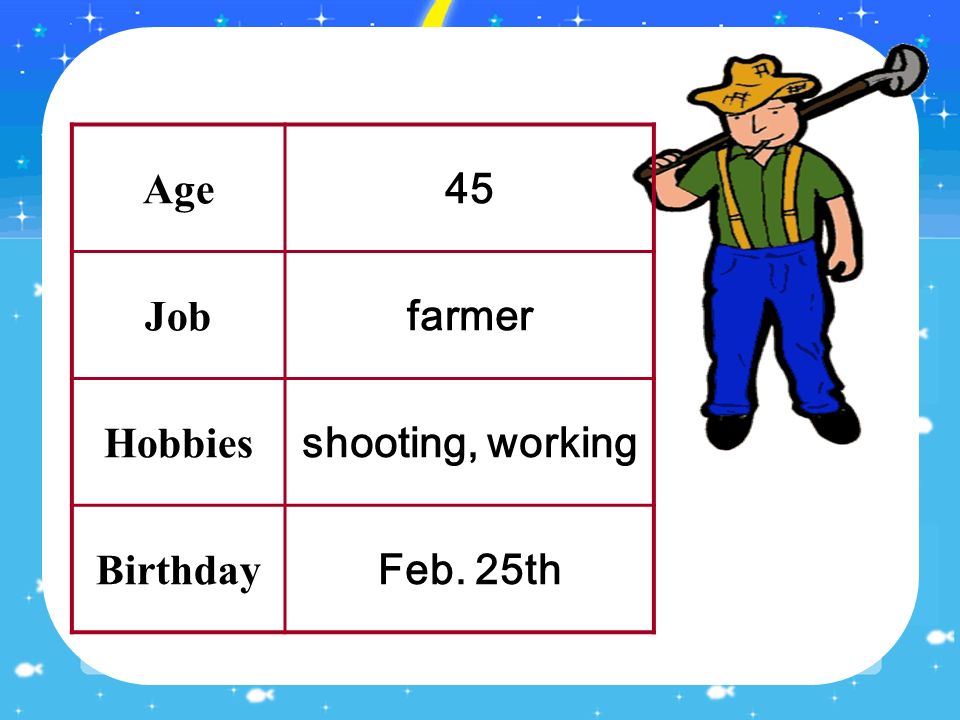Age 45 Job farmer Hobbies shooting, working Birthday Feb. 25th