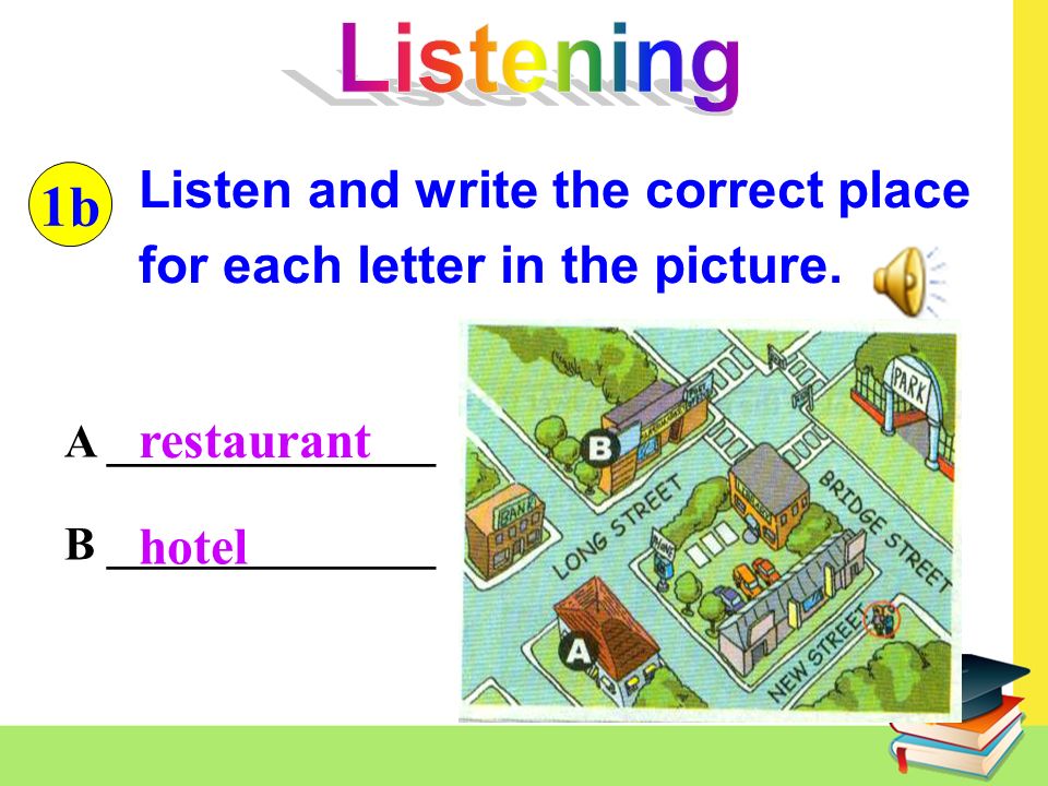 A ______________ B ______________ Listen and write the correct place for each letter in the picture.