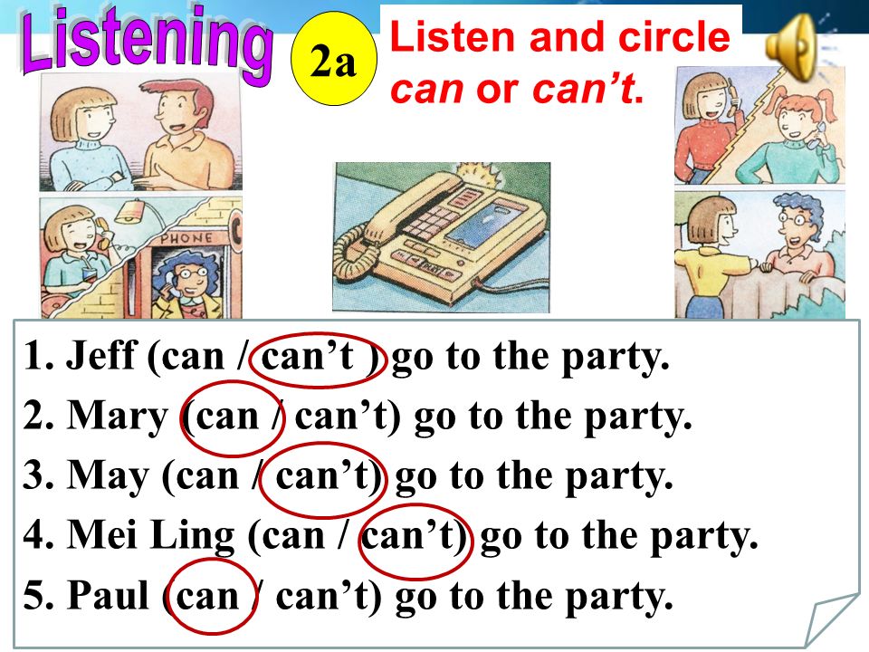 Listen and circle can or can’t. 2a 1. Jeff (can / can’t ) go to the party.