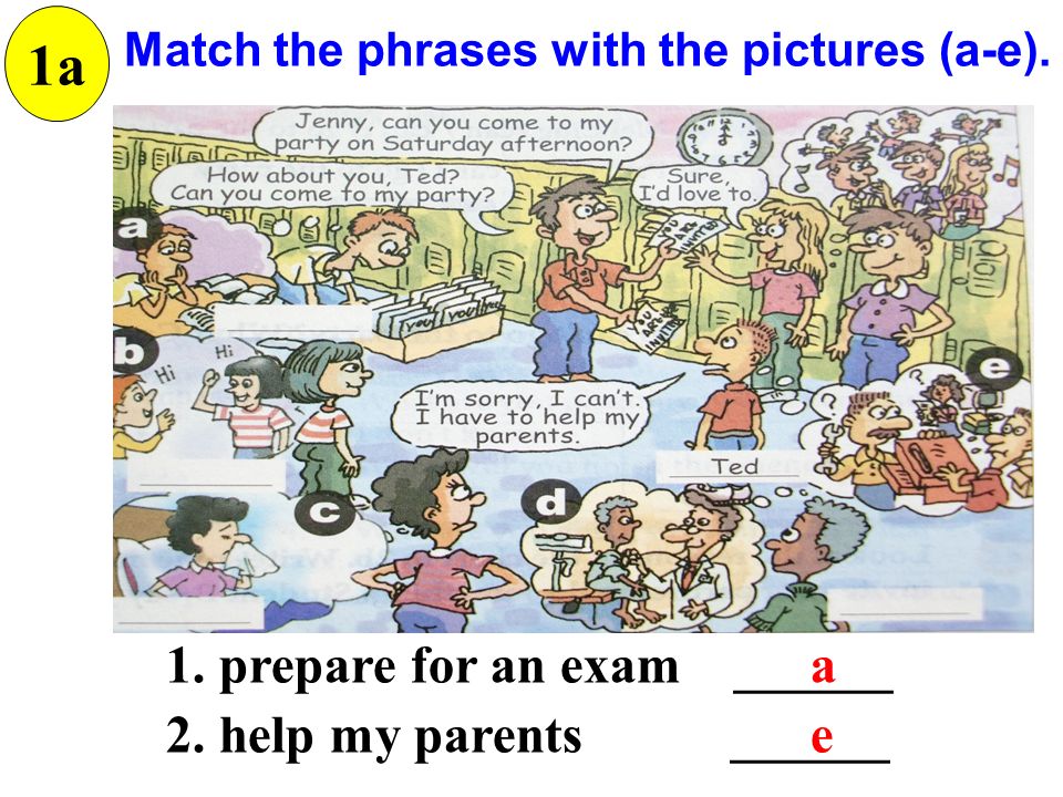 Match the phrases with the pictures (a-e). 1a 1. prepare for an exam ______ 2.
