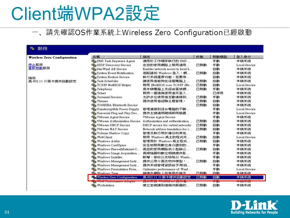 21 Client 端 WPA2 設定 一、請先確認 OS 作業系統上 Wireless Zero Configuration 已經啟動