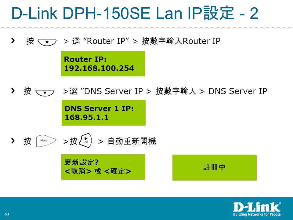 61 D-Link DPH-150SE Lan IP 設定 - 2 按 > 選 Router IP > 按數字輸入 Router IP 按 > 選 DNS Server IP > 按數字輸入 > DNS Server IP 按 > 按 > 自動重新開機 Router IP: 更新設定 .