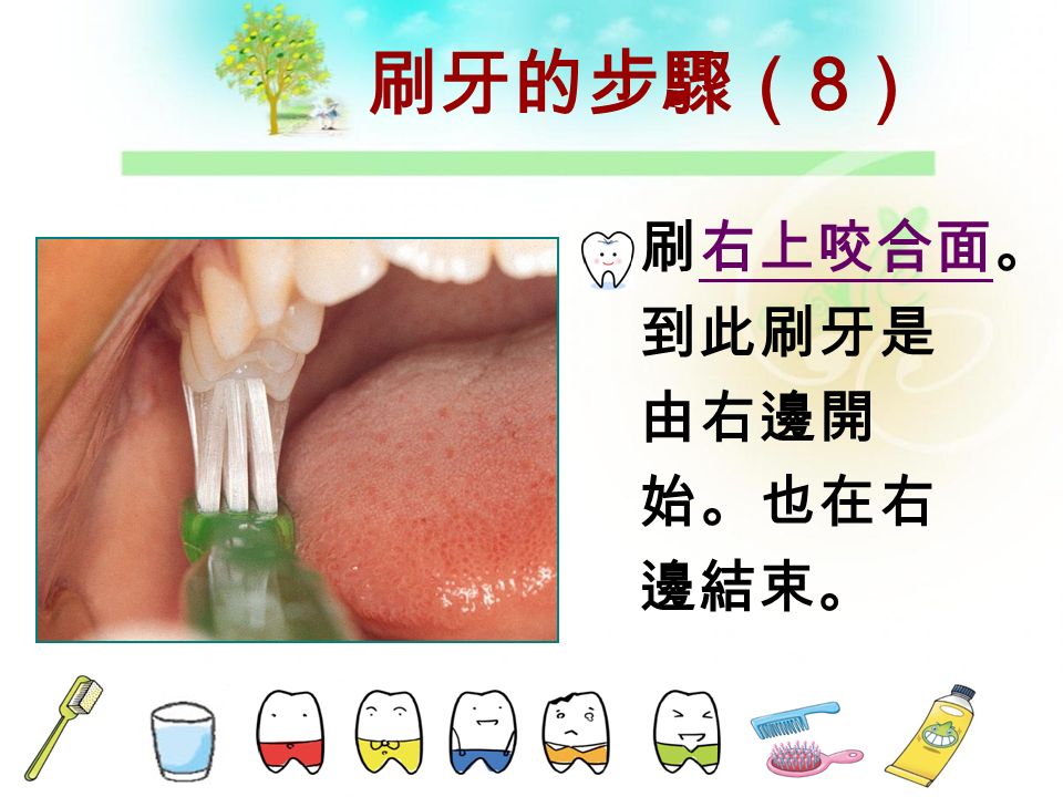 刷牙的步驟（ 7 ） 刷右上舌側， 請用左手。