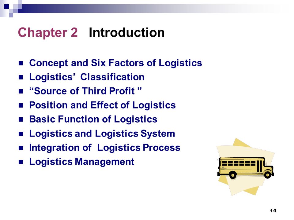 14 Chapter 2 Introduction Concept and Six Factors of Logistics Logistics’ Classification Source of Third Profit Position and Effect of Logistics Basic Function of Logistics Logistics and Logistics System Integration of Logistics Process Logistics Management