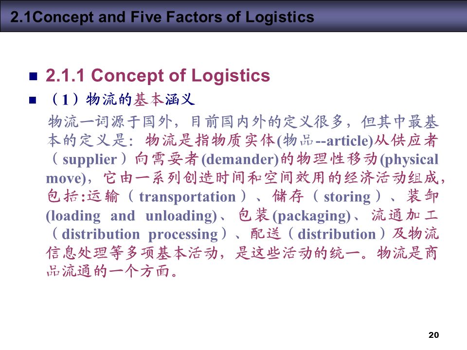 Concept of Logistics （ 1 ）物流的基本涵义 物流一词源于国外，目前国内外的定义很多，但其中最基 本的定义是：物流是指物质实体 ( 物品 --article) 从供应者 （ supplier ）向需要者 (demander) 的物理性移动 (physical move) ，它由一系列创造时间和空间效用的经济活动组成， 包括 : 运输（ transportation ）、储存（ storing ）、装卸 (loading and unloading) 、包装 (packaging) 、流通加工 （ distribution processing ）、配送（ distribution ）及物流 信息处理等多项基本活动，是这些活动的统一。物流是商 品流通的一个方面。 2.1Concept and Five Factors of Logistics