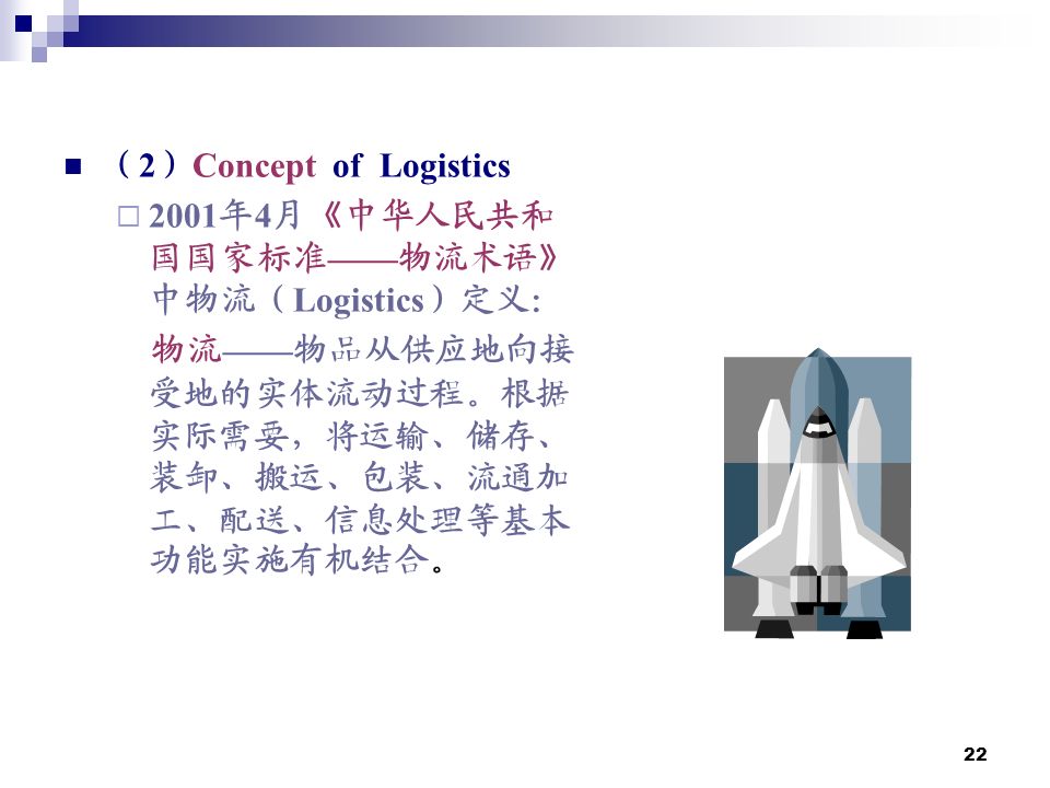 22 （ 2 ） Concept of Logistics  2001 年 4 月《中华人民共和 国国家标准 —— 物流术语》 中物流（ Logistics ）定义： 物流 —— 物品从供应地向接 受地的实体流动过程。根据 实际需要，将运输、储存、 装卸、搬运、包装、流通加 工、配送、信息处理等基本 功能实施有机结合。