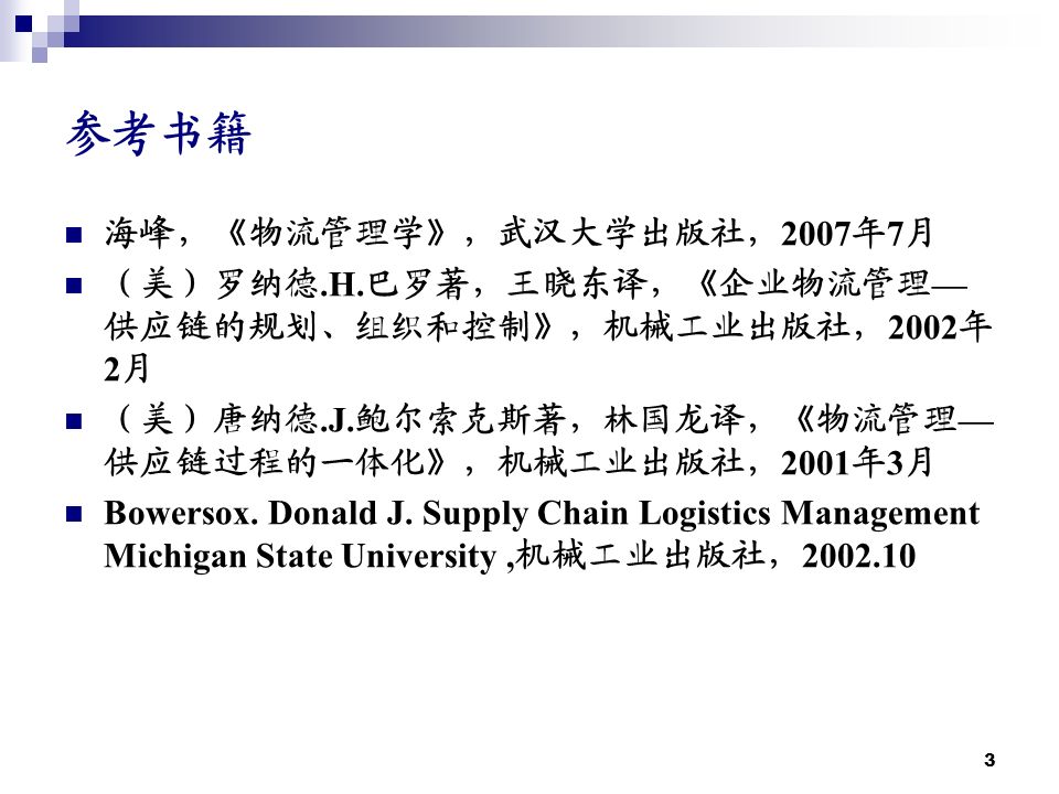 3 参考书籍 海峰，《物流管理学》，武汉大学出版社， 2007 年 7 月 （美）罗纳德.H.