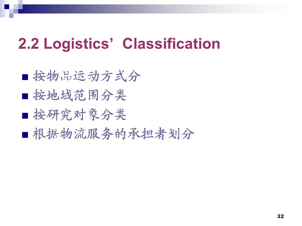 32 按物品运动方式分 按地域范围分类 按研究对象分类 根据物流服务的承担者划分 2.2 Logistics’ Classification