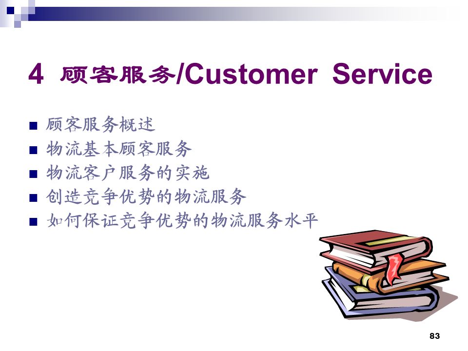 83 4 顾客服务 /Customer Service 顾客服务概述 物流基本顾客服务 物流客户服务的实施 创造竞争优势的物流服务 如何保证竞争优势的物流服务水平