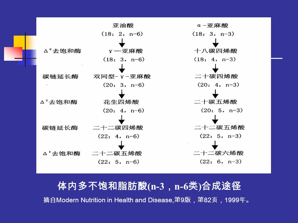 体内多不饱和脂肪酸 (n-3 ， n-6 类 ) 合成途径 摘自 Modern Nutrition in Health and Disease, 第 9 版，第 82 页， 1999 年。