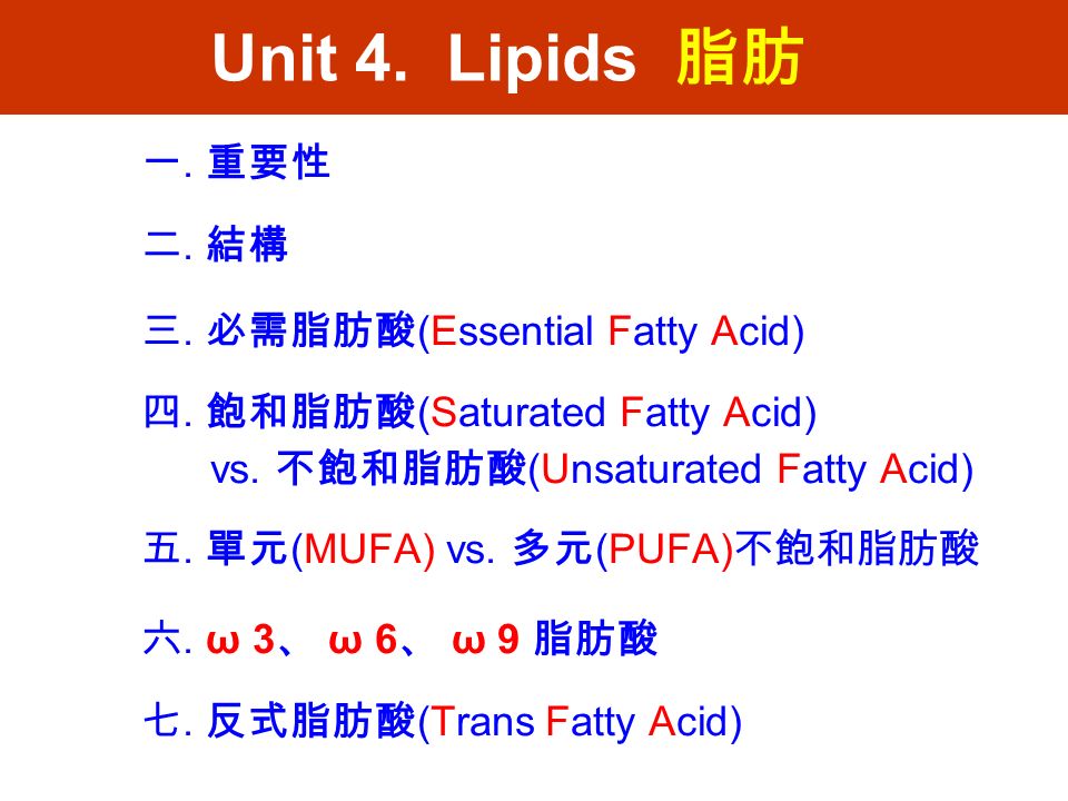 Unit 4. Lipids 脂肪 一. 重要性 二. 結構 三. 必需脂肪酸 (Essential Fatty Acid) 四.