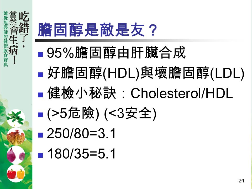24 膽固醇是敵是友？ 95% 膽固醇由肝臟合成 好膽固醇 (HDL) 與壞膽固醇 (LDL) 健檢小秘訣： Cholesterol/HDL (>5 危險 ) (<3 安全 ) 250/80= /35=5.1