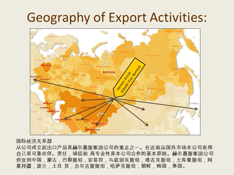 Geography of Export Activities: Hermes Group (Altaiski Krai, Barnaul) 国际经济关系部 从公司成立起出口产品是赫尔墨斯集团公司的重点之一。在近和远国外市场本公司表现 自己是可靠伙伴。责任，诚信和 高专业性是本公司合作的基本原则。赫尔墨斯集团公司 供货到中国，蒙古，巴勒斯坦，安哥拉，乌兹别克斯坦，塔吉克斯坦，土库曼斯坦，阿 塞拜疆，波兰，土耳 其，吉尔吉斯斯坦，哈萨克斯坦，朝鲜，韩国，泰国。