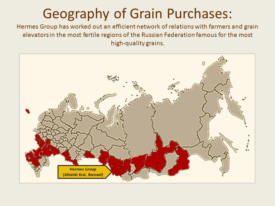 Geography of Grain Purchases: Hermes Group has worked out an efficient network of relations with farmers and grain elevators in the most fertile regions of the Russian Federation famous for the most high-quality grains.