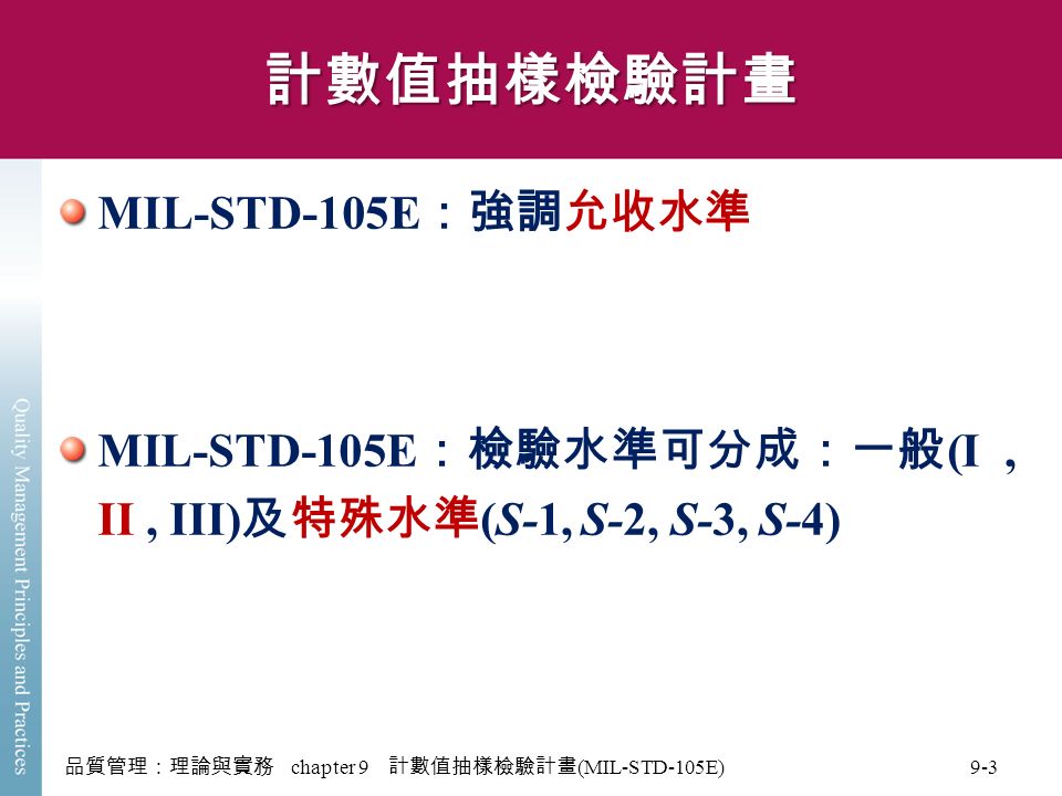 品質管理：理論與實務 chapter 9 計數值抽樣檢驗計畫 (MIL-STD-105E) 9-3 計數值抽樣檢驗計畫 MIL-STD-105E ：強調允收水準 MIL-STD-105E ：檢驗水準可分成：一般 (I, II, III) 及特殊水準 (S-1, S-2, S-3, S-4)