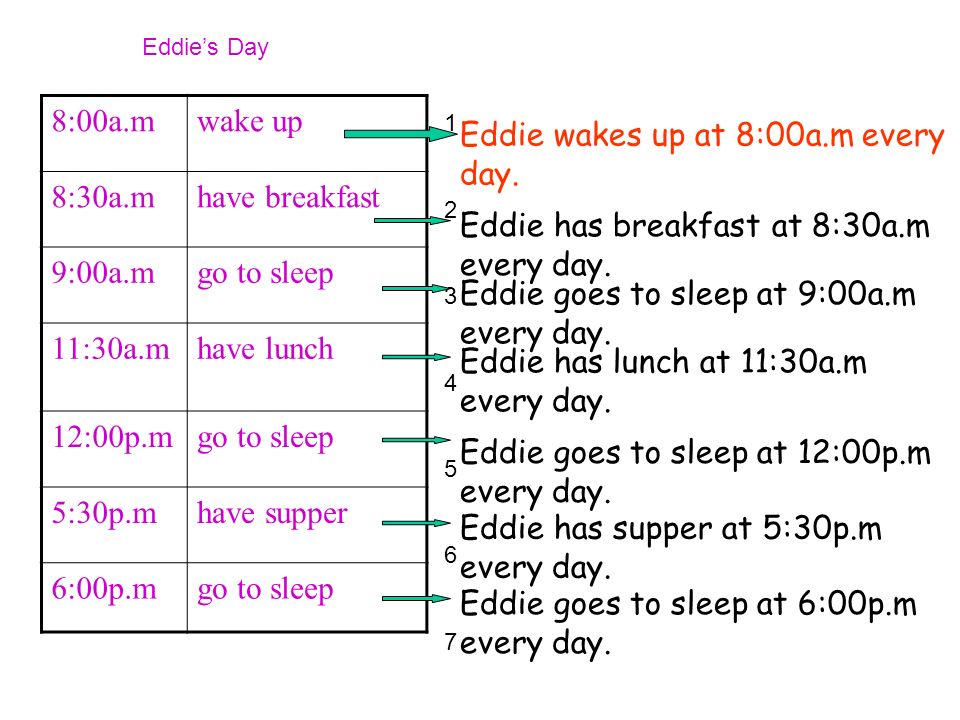 8:00a.mwake up 8:30a.mhave breakfast 9:00a.mgo to sleep 11:30a.mhave lunch 12:00p.mgo to sleep 5:30p.mhave supper 6:00p.mgo to sleep Eddie’s Day Eddie wakes up at 8:00a.m every day.