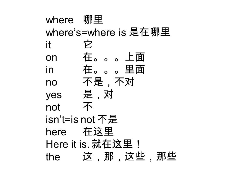 where where’s=where is it on in no yes not isn’t=is not here Here it is.
