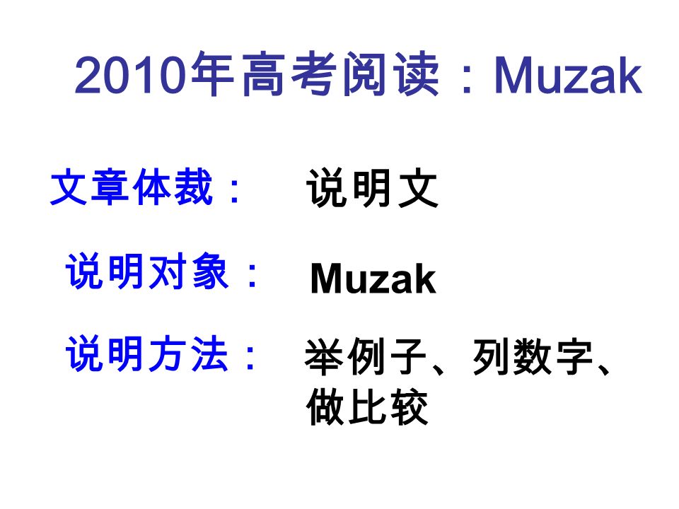 文章体裁： Muzak 举例子、列数字、 做比较 说明对象： 说明方法： 说明文 2010 年高考阅读： Muzak