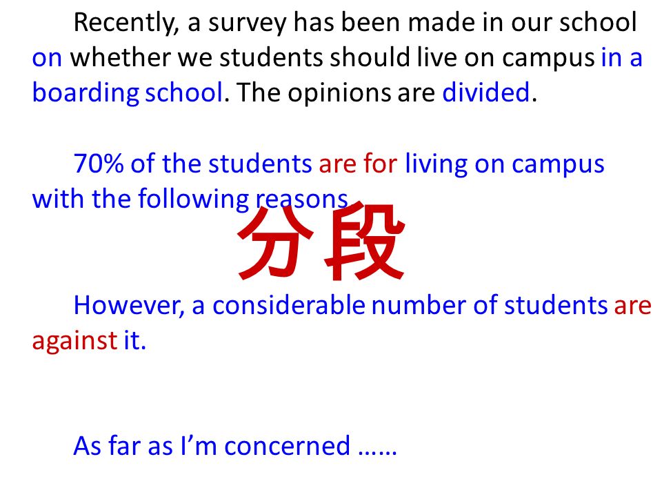 Recently, a survey has been made in our school on whether we students should live on campus in a boarding school.