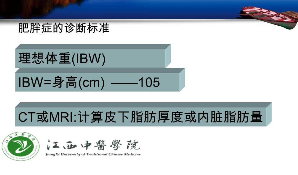 肥胖症的诊断标准 理想体重 (IBW) IBW= 身高 (cm) ——105 CT 或 MRI: 计算皮下脂肪厚度或内脏脂肪量