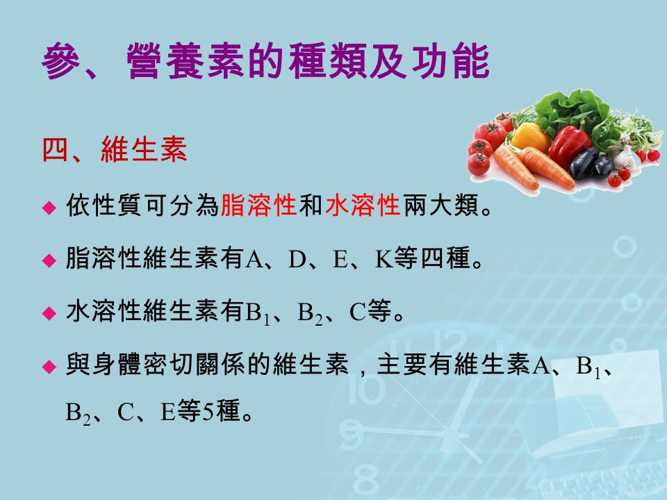 參、營養素的種類及功能 四、維生素  依性質可分為脂溶性和水溶性兩大類。  脂溶性維生素有 A 、 D 、 E 、 K 等四種。  水溶性維生素有 B 1 、 B 2 、 C 等。  與身體密切關係的維生素，主要有維生素 A 、 B 1 、 B 2 、 C 、 E 等 5 種。