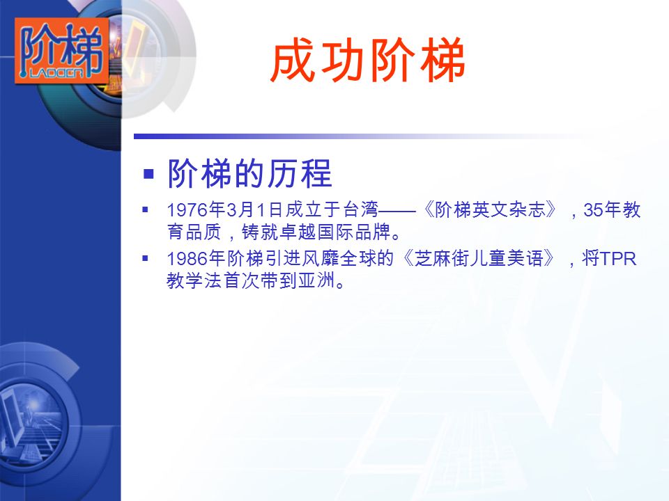 中国英语教育改革者企业篇阶梯创办人董事长颜尚武先生 阶梯的历程 1976 年3 月1 日成立于台湾 阶梯英文杂志 35 年教育品质 铸就卓越国际品牌 1986 年阶梯引进风靡全球的 芝麻街儿童美语 将tpr