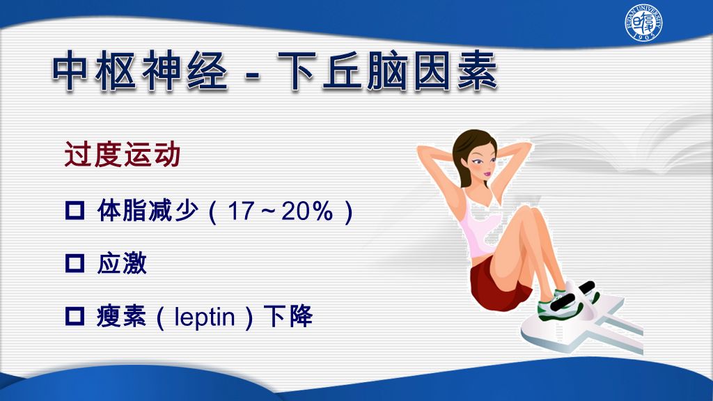 过度运动  体脂减少（ 17 ～ 20 ％）  应激  瘦素（ leptin ）下降