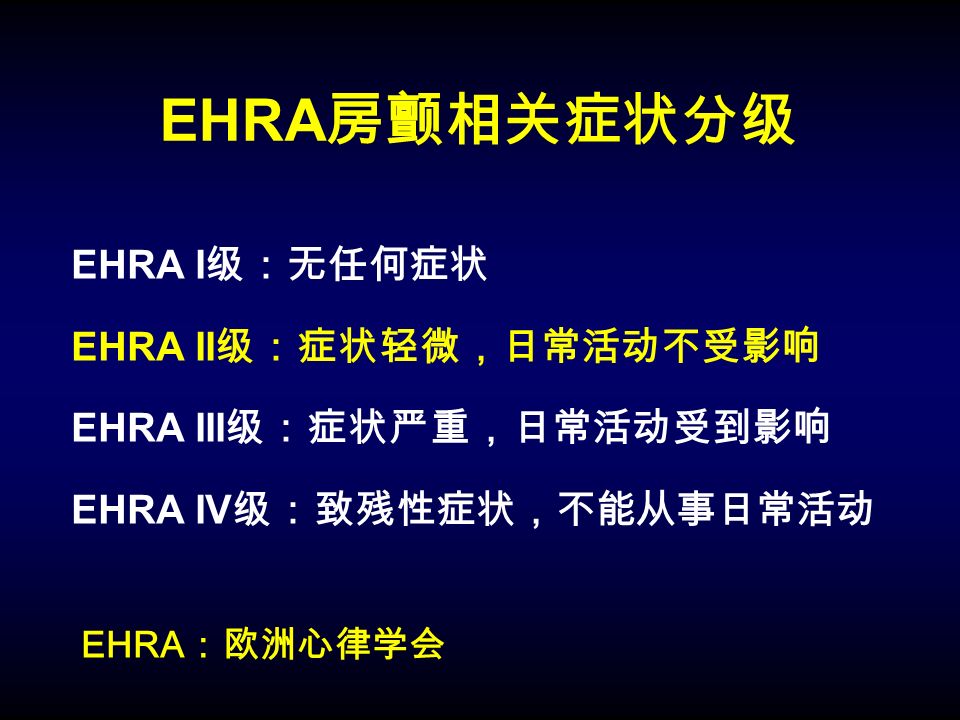 EHRA 房颤相关症状分级 EHRA I 级：无任何症状 EHRA II 级：症状轻微，日常活动不受影响 EHRA III 级：症状严重，日常活动受到影响 EHRA IV 级：致残性症状，不能从事日常活动 EHRA ：欧洲心律学会