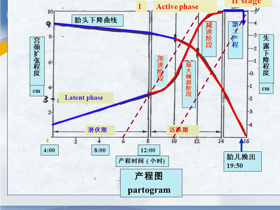 Latent phase Active phaseI II stage 产程图 partogram cm 胎头下降曲线 潜伏期活跃期 产程时间 ( 小时 ) 0 4:008:0012:00 胎儿娩出 19:50