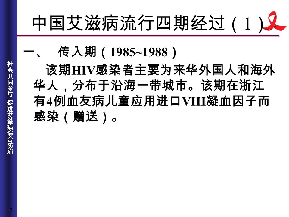 12 中国艾滋病流行四期经过（ 1 ） 一、 传入期（ 1985~1988 ） 该期 HIV 感染者主要为来华外国人和海外 华人，分布于沿海一带城市。该期在浙江 有 4 例血友病儿童应用进口 VIII 凝血因子而 感染（赠送）。