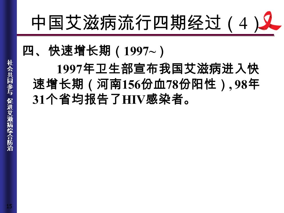 15 中国艾滋病流行四期经过（ 4 ） 四、快速增长期（ 1997~ ） 1997 年卫生部宣布我国艾滋病进入快 速增长期（河南 156 份血 78 份阳性）, 98 年 31 个省均报告了 HIV 感染者。