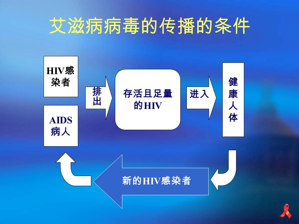 艾滋病病毒的传播的条件 AIDS 病人 健康人体健康人体 排出排出 HIV 感 染者 进入 存活且足量 的 HIV 新的 HIV 感染者