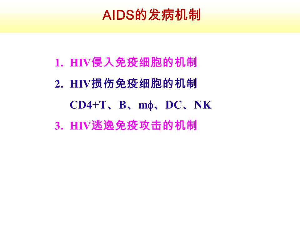 AIDS的发病机制 1.HIV 侵入免疫细胞的机制 2.HIV 损伤免疫细胞的机制 CD4+T 、 B 、 m  、 DC 、 NK 3.HIV 逃逸免疫攻击的机制