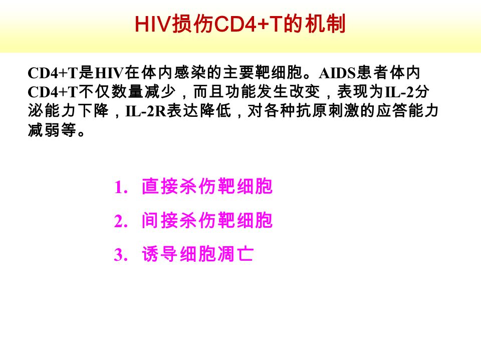 HIV损伤CD4+T的机制 1. 直接杀伤靶细胞 2. 间接杀伤靶细胞 3.