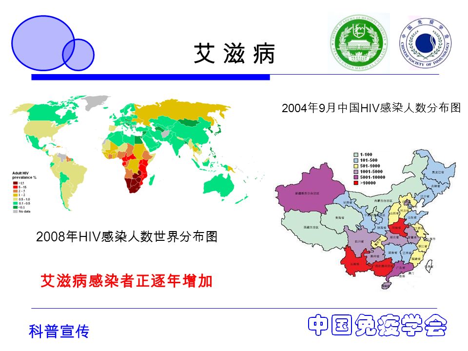科普宣传 艾 滋 病艾 滋 病 2008 年 HIV 感染人数世界分布图 2004 年 9 月中国 HIV 感染人数分布图 艾滋病感染者正逐年增加