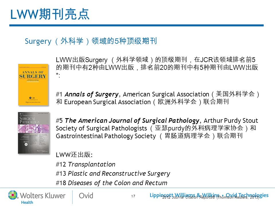17 LWW 期刊亮点 Surgery （外科学）领域的 5 种顶级期刊 LWW 出版 Surgery （外科学领域）的顶级期刊，在 JCR 该领域排名前 5 的期刊中有 2 种由 LWW 出版，排名前 20 的期刊中有 5 种期刊由 LWW 出版 *: #1 Annals of Surgery, American Surgical Association （美国外科学会） 和 European Surgical Association （欧洲外科学会）联合期刊 #5 The American Journal of Surgical Pathology, Arthur Purdy Stout Society of Surgical Pathologists （亚瑟 purdy 的外科病理学家协会）和 Gastrointestinal Pathology Society （胃肠道病理学会）联合期刊 LWW 还出版 : #12 Transplantation #13 Plastic and Reconstructive Surgery #18 Diseases of the Colon and Rectum *2012 Journal Citation Reports® (Thomson Reuters, 2013)