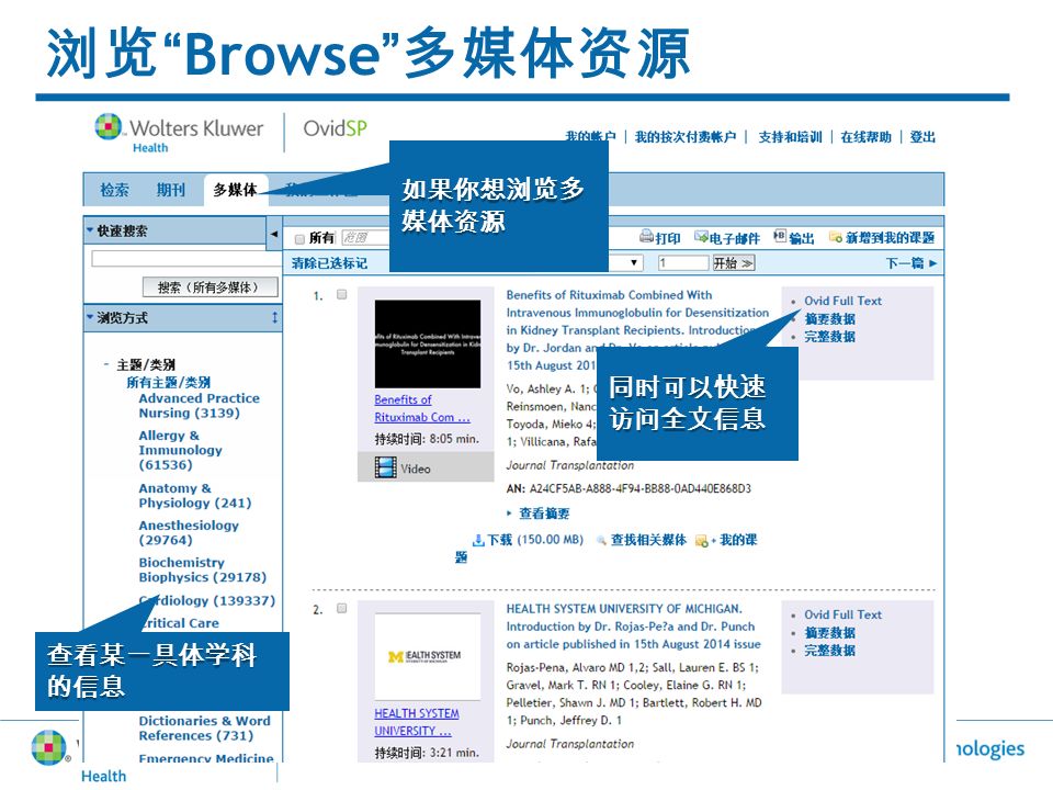 65 浏览 Browse 多媒体资源 如果你想浏览多 媒体资源 同时可以快速 访问全文信息 查看某一具体学科 的信息