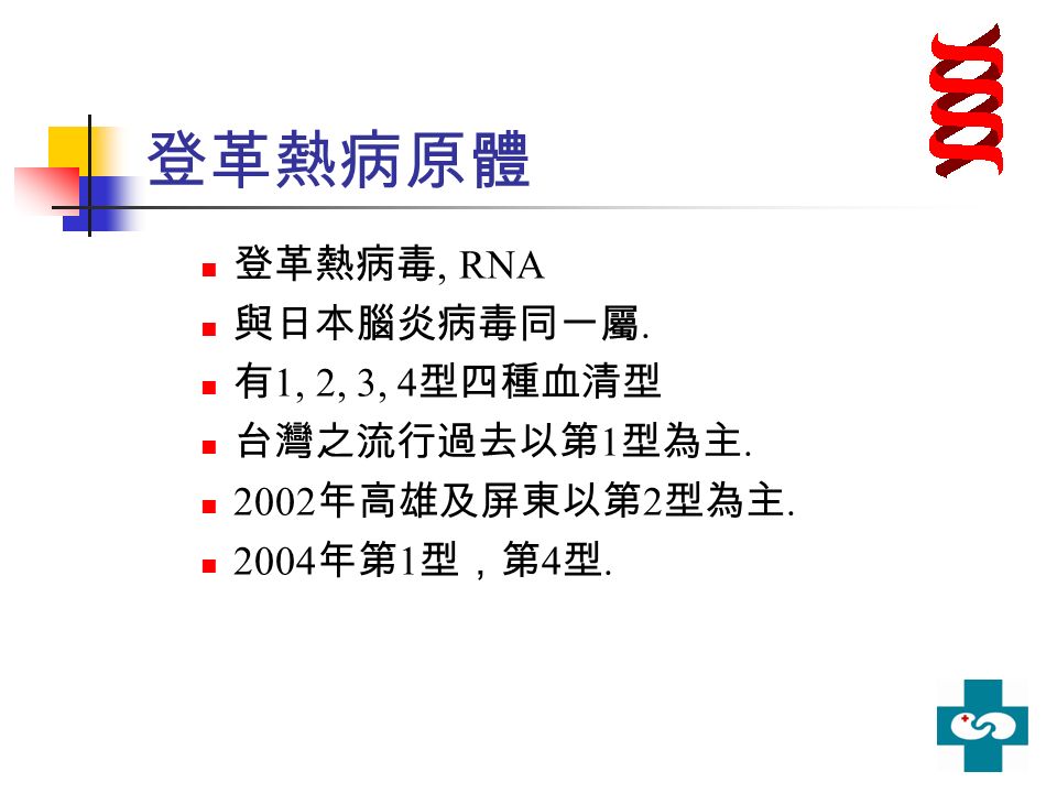 登革熱病原體 登革熱病毒, RNA 與日本腦炎病毒同一屬. 有 1, 2, 3, 4 型四種血清型 台灣之流行過去以第 1 型為主.